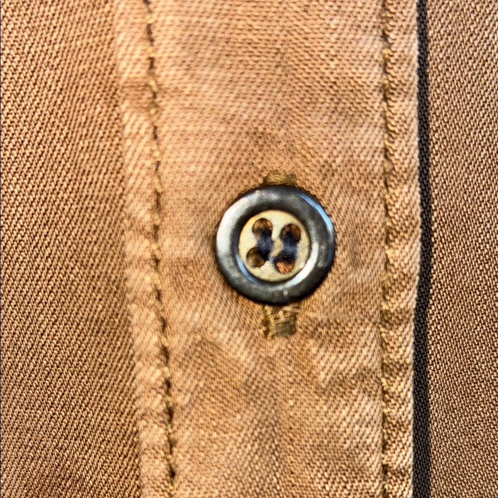 VELVET HEART Long Brown Button-Up Shirt, brass buttons, roll up sleeves. L - Picture 6 of 16